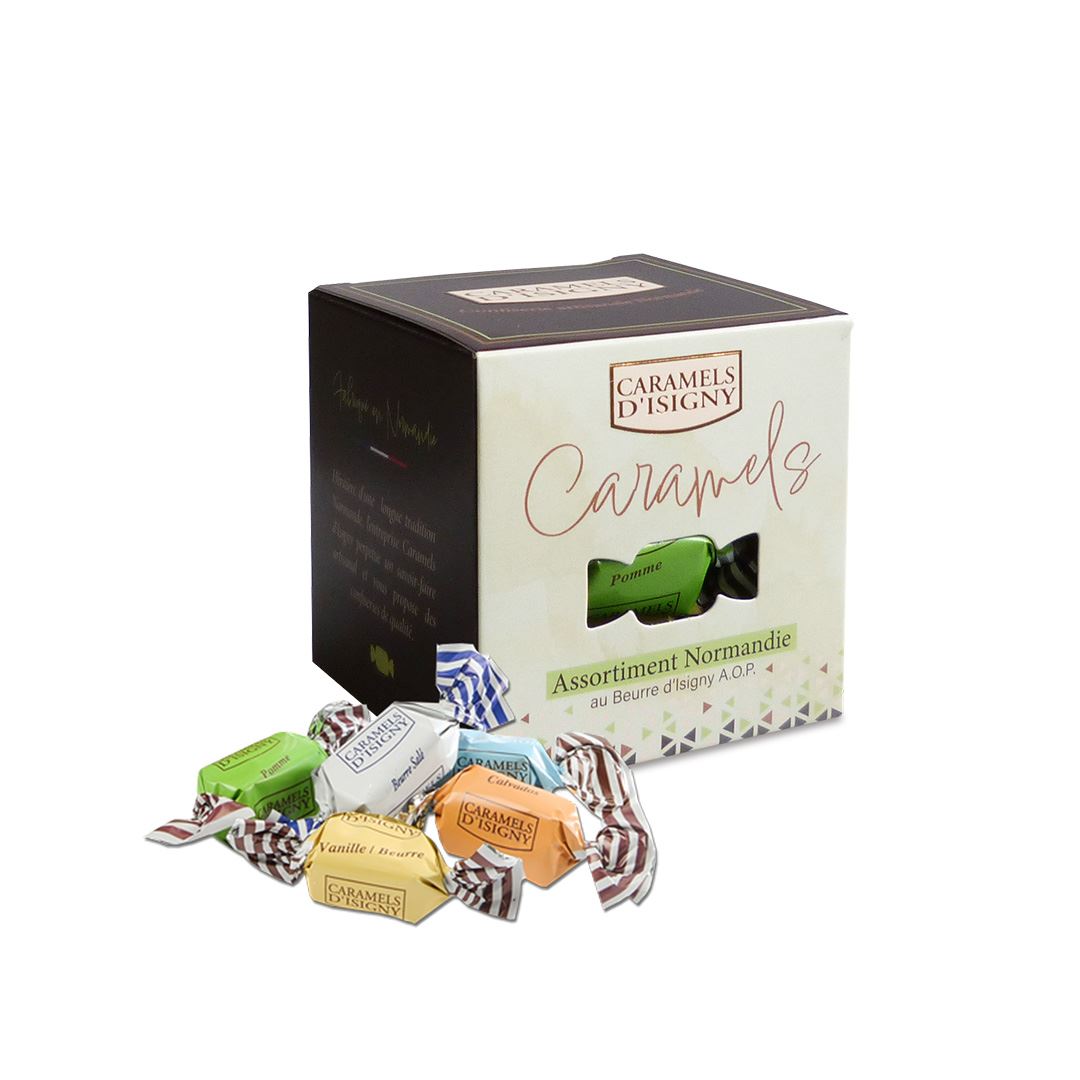 caramels-d-isigny-caramels-en-bo-tes-cube-normandie-caramels-100g-assortiment image 1